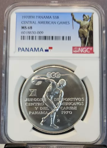 1970 PANAMA SILVER 5 BALBOAS CENTRAL AMERICAN GAMES NGC MS 68 HIGH GRADE BEAUTY