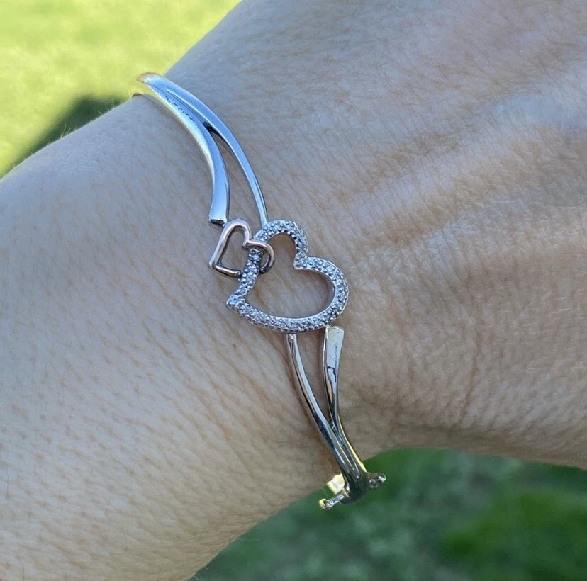 Brazalete Brazalete Corazón Diamante Genuino Plata de Ley con Acento Oro Rosa 10k Foto 2 de 4
