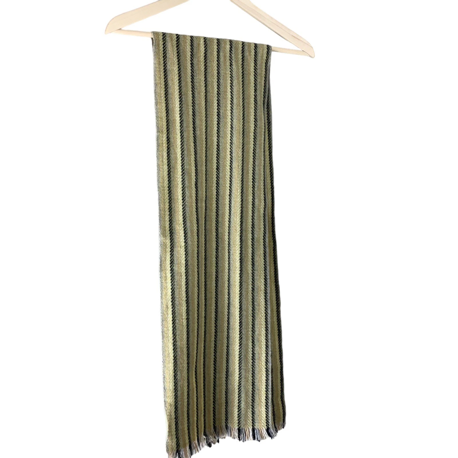 Wool Scarf Killarney Weavers Ireland Striped Green Brown Fringe Ends 10x65