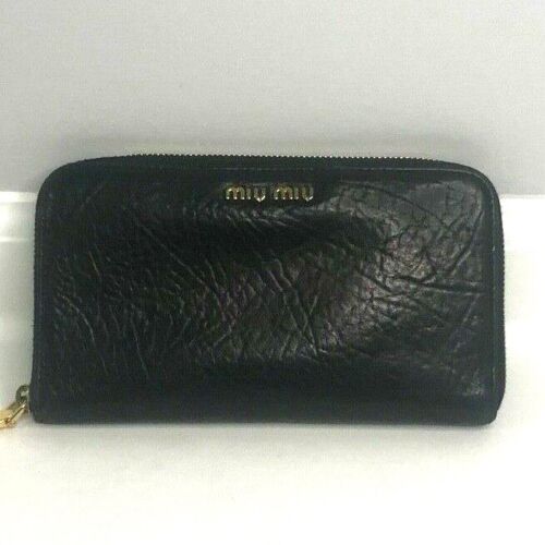 Miu Miu Black Distressed Leather Zip Around Wallet