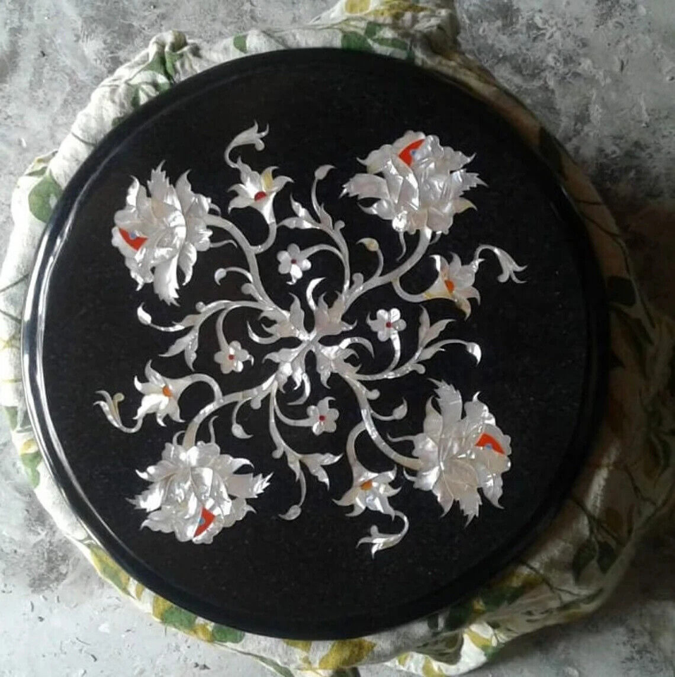 Handmade Black Marble Table Top with Round Floral Inlay and Mother of Pearl Design