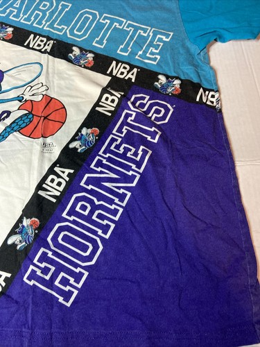 Vintage 90s Charlotte Hornets Graphic T Shirt White Purple Teal Adult Size NBA - Picture 14 of 22