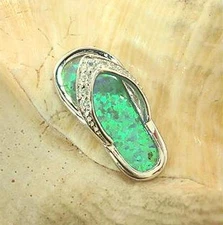10mm Rhodium Over 925 Silver Inlaid Green Opal CZ Hawaiian Slipper Slide Pendant