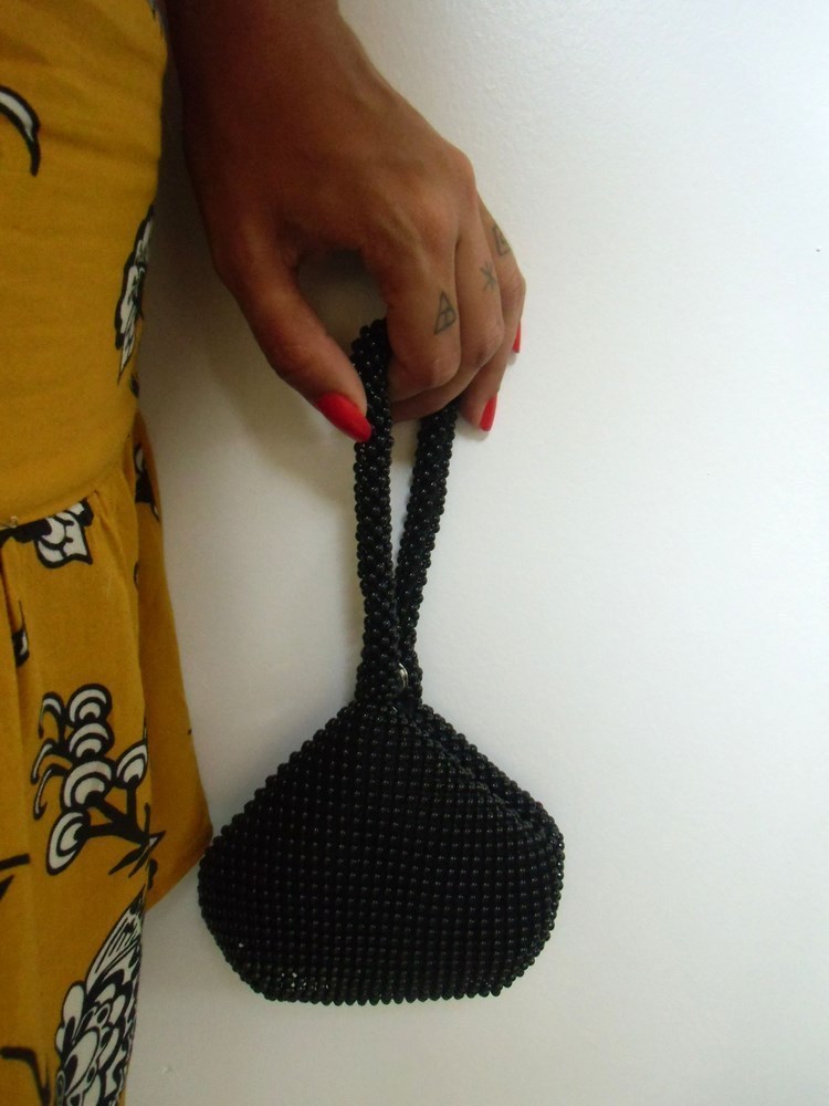 Bolso De Perlas Retro Años 20 Original De Noche Pinup Negro Con Asa