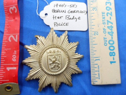 Antique Berlin Germany Police Metal Hat Badge 2-1/2" Vintage 1940's -1950's
