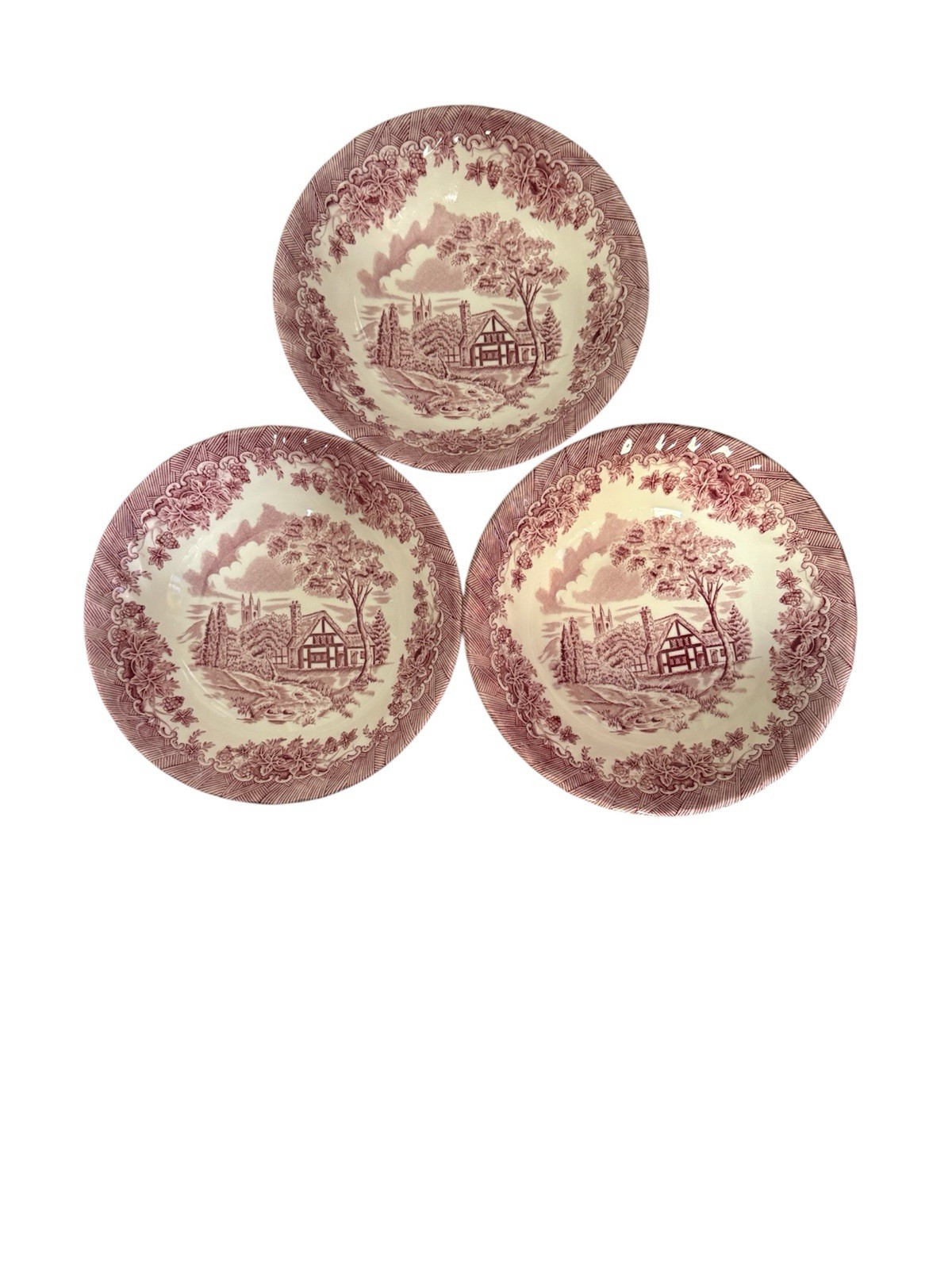 Churchill The Brook Pink Set 3 Coupe Cereal Bowls Staffordshire England Floral