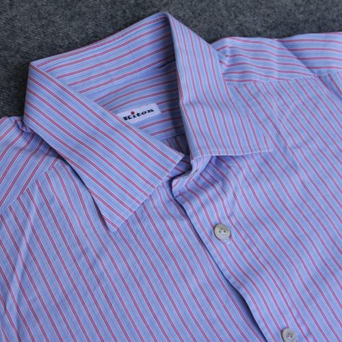 Kiton Dress Shirt Mens 16.5 42 Blue Pink Striped FRENCH CUFF Button Up Italy