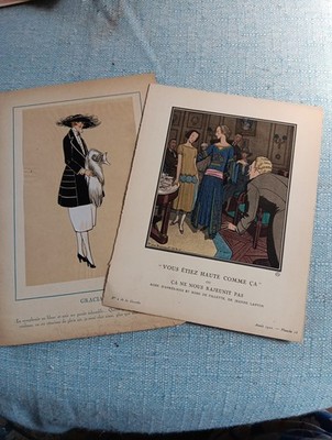 Two 1920s French Fashion Illustrations Pochoirs. One Is Jeanne Lanvin.