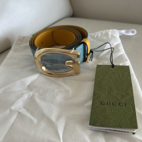 NEW Gucci Mustard/Blue Leather Memorable G Buckle Belt 85 Cm - Picture 5 of 9