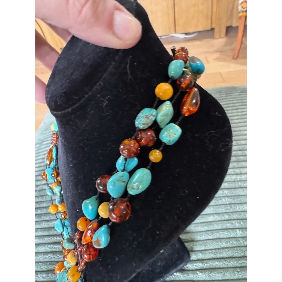 Jay King Turquoise Amber Beaded Necklace 925 Sterling Silver - Image 4 of 4