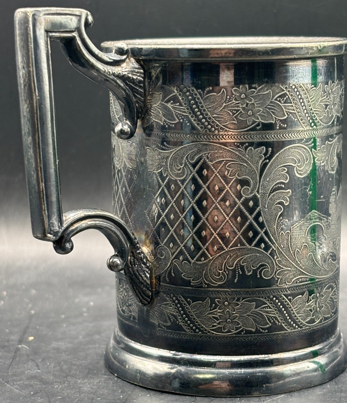 Antique Victorian Silver Plated Baby Cup River Bridge Farm House Engraving Lura