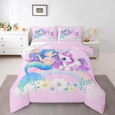 Blue Mermaid Comforter for Girls Cute Unicorn Bedding 3pcs Dreaming Girly Rai...