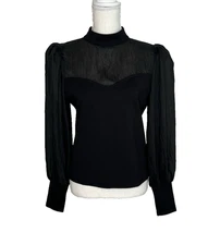 Anthropologie Flat White Black Bishop Sleeve Blouse Small Sheer Mixed Fabric