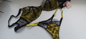 AGENT PROVOCATEUR RARE BLACK/MUSTARD LEISA BRA 34D OR 34DD & THONG 3 MEDIUM NWT