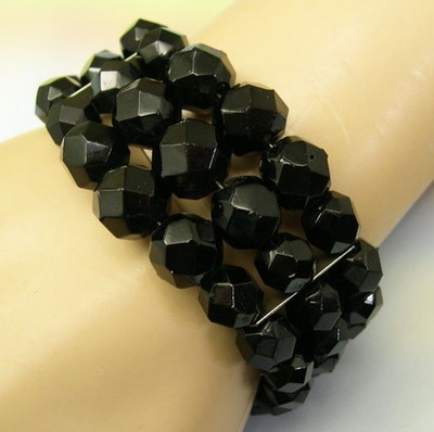 Vintage Wire Wrap Bracelet Jet Black Glass Faceted Beads retro old jewelry