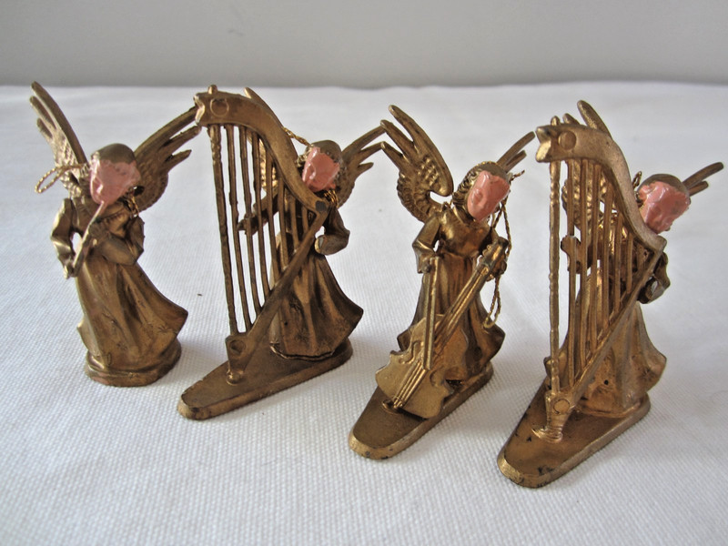 VTG Lot of 4 CHERUB ANGEL Musicians GOLD Plastic Christmas Ornaments Hong Kong