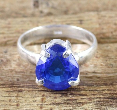 8.80 Ct Natürlicher Tansanit 10 x 10 mm Birnen Ring Silber 925 AGI Zertifiziert