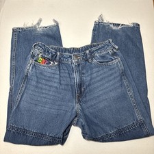 H M GIRLS 18 BAGGY JEANS WIDE LEG EMBROIDERED DISTRESSED SKATE Y2K 2000S SKY