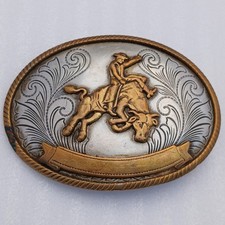 Vintage Bull Riding Rodeo Belt Buckle German Silver Western Floral Engraved