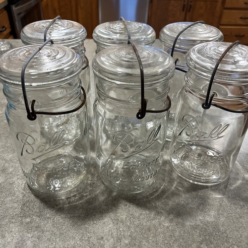 Lot Of 6 Vintage Ball Eclipse Wide Mouth Canning Jars W/ Lids & Metal Clips