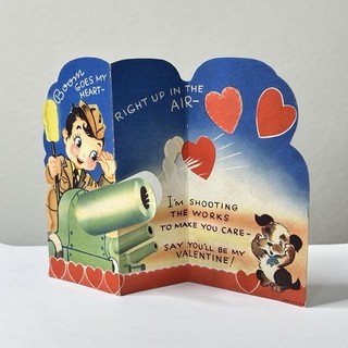 Vintage 40’s Valentine Kitsch War Army Tank Dog Boom Die Cut Standing Fold Out