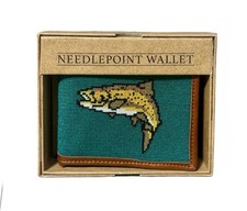 Kraftsman Co Needlepoint Bifold Wallet Rainbow Trout Fish Fishing Teal Brown