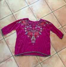 Beautiful Johnny Was Fuchsia Embroidered Shirt Blouse Tunic Top Size L