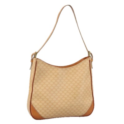 CELINE Macadam Canvas Shoulder Bag PVC Leather Beige Auth 105566