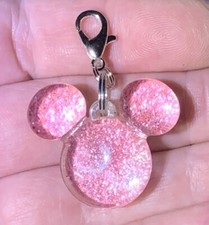 Acrylic Pink Glittery Disney Mickey Mouse Zipper Pull  Keychain Add On Clip 