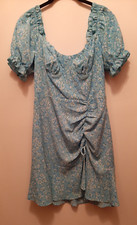 VTG 90s City Triangle Womens M Babydoll Dress Ruffles Ruching w/Tie Blue Floral
