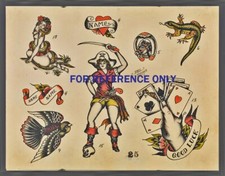 VINTAGE 1940 Lady Sword Heart Horseshoe Bird Cards Colored TATTOO Flash Print