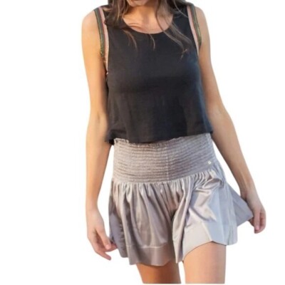 NEW Natural Life Black Smocked Waist Daisy Skort Shorts L/XL Taupe Boho Fairy