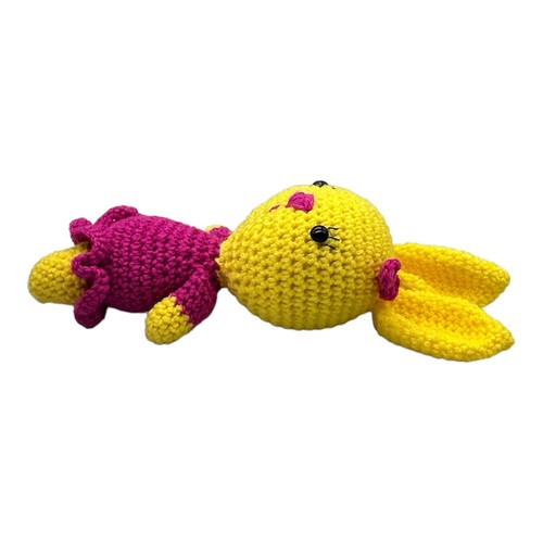 "Vestido y lazo de ganchillo rosa conejo amarillo hecho a mano y ganchillo Pascua 13""" - Imagen 5 de 10