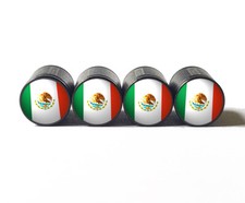 Mexico Flag Tire Valve Caps - Black Aluminum - Set Of Four - Fits All Vehicles