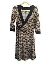 BCBGMaxAzria Small Faux Wrap Dress Tan Black Stretch Surplice Side Gather #2463