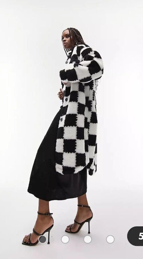 Topshop Tall faux fur checkerboard longline jacket in monochrome size 8