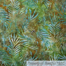 BonEful FABRIC FQ Cotton Quilt Brown Green Aqua Blue BATIK Tropical Island Leaf