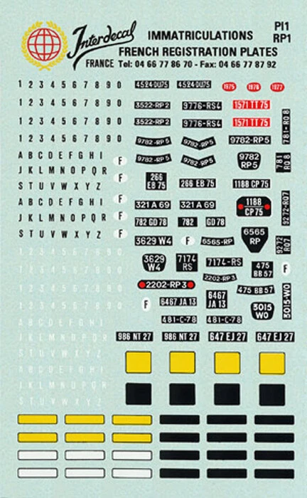 francais Plaques immatriculations 1 1/43 Décalcomanies 120x80mm INTERDECAL