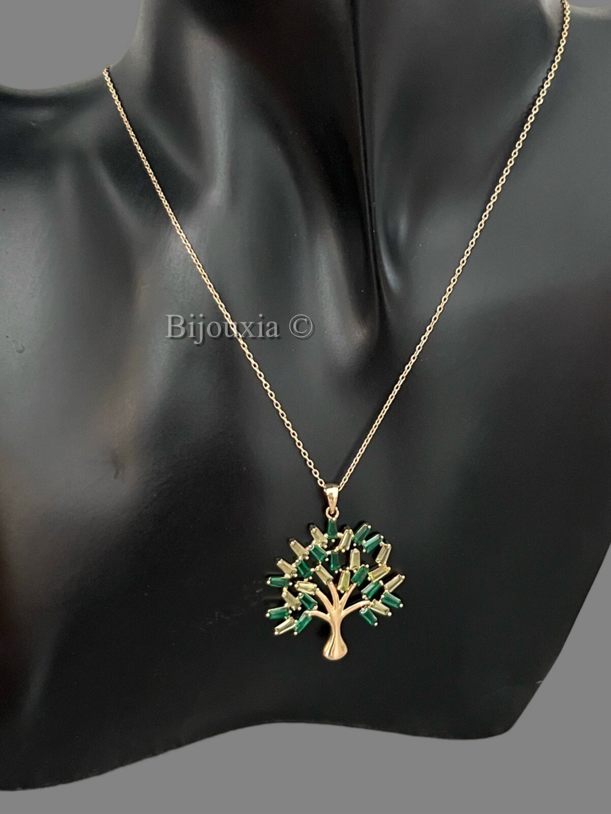 Collier Arbre de Vie Pendentif Or 18 Carats Cristal Vert Cz