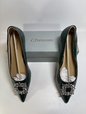 C.Paravano Womens Flats Pointed Toe Crystal Buckle EU 39 US 8.5 Dark Green
