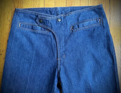 Vintage 70s Y2K Blue Denim Big Bell Bottom Jeans 32 x 38 Flare Low