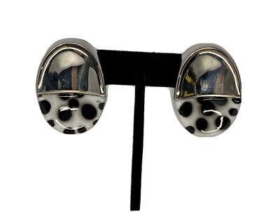 Vintage Jones New York Country Clip On Earrings Silver Black White Polka  dots