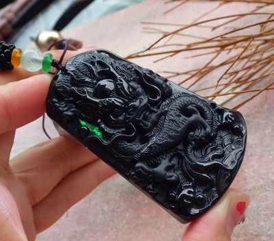 Video Certified Black Burma A Jade jadeite pendant Dragon Face Bead 墨翠 413288 TS