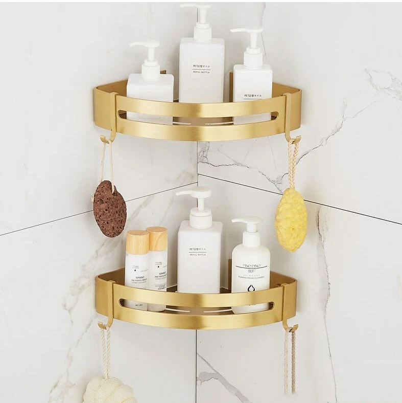 Brushed Gold Double Shower Shelf Aluminum Organizer Wall Mounted Caddy  Holder