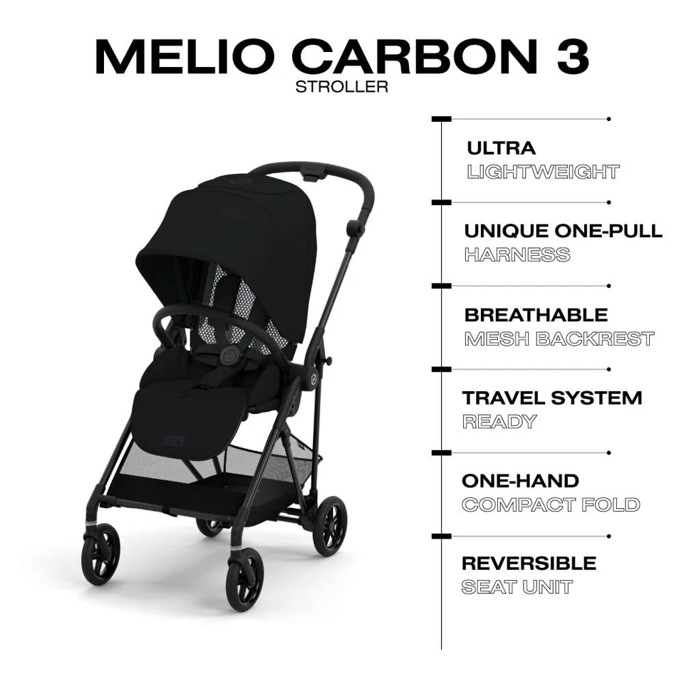 Cochecito CYBEX Melio Carbon 3 ligero compacto plegable con una mano negro luna Foto 3 de 4