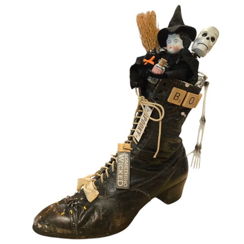 Witch Boot Assemblage Art Creepy Halloween Skeleton Black Cat Sculpture OOAK - Picture 9 of 22