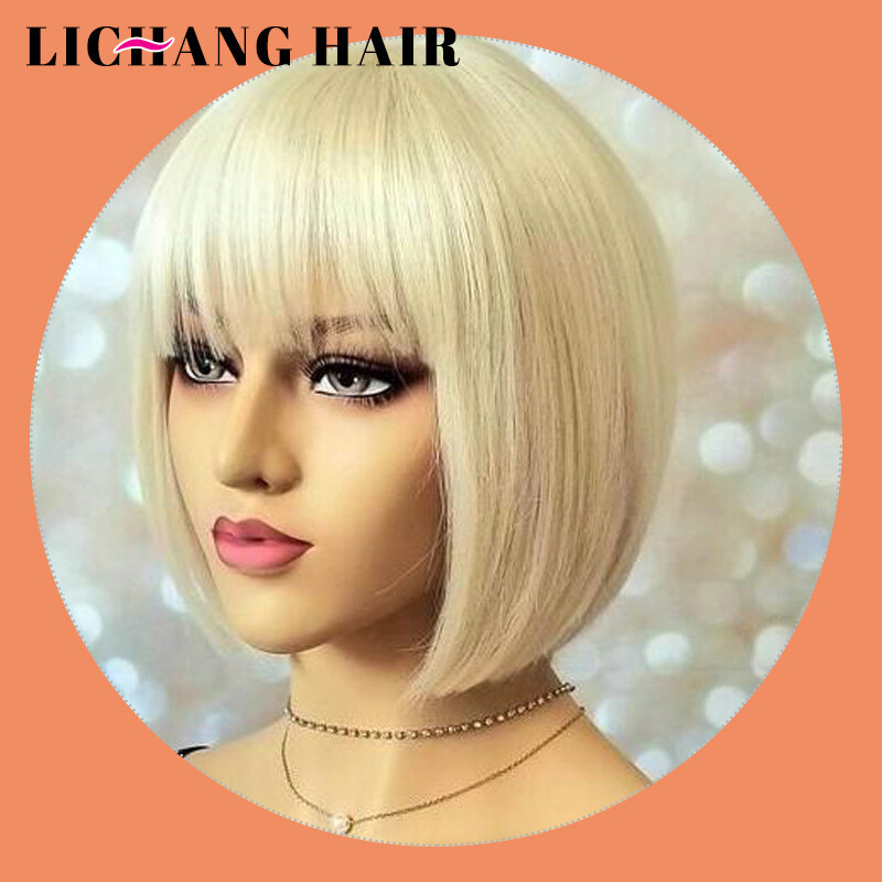 inch Light Blonde Bob Wigs With Bangs Real Human Hair Wigs