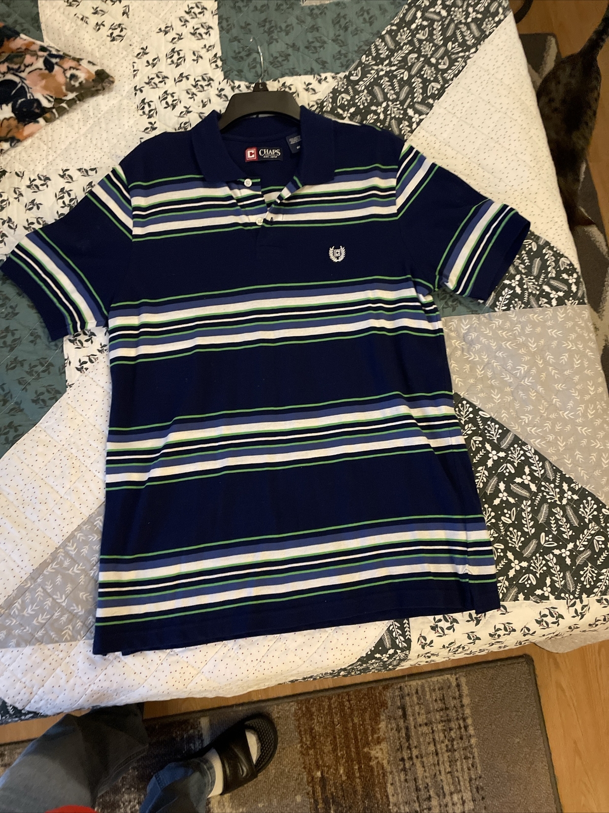 CHAPS Mens Polo Golf Shirt Size Med Short Sleeve Striped Two Button Down