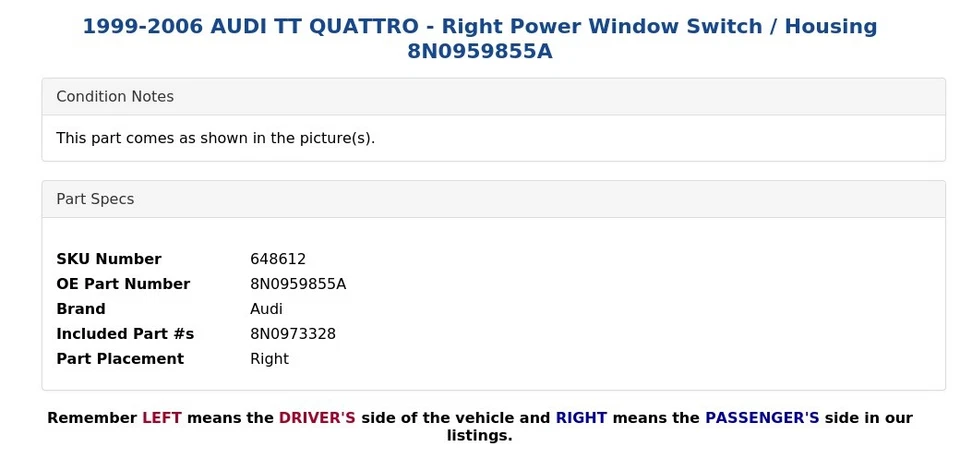1999-2006 AUDI TT QUATTRO - Right Power Window Switch / Housing 8N0959855A - Image 4 of 4