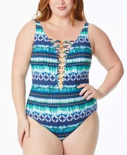 BLEU ROD BEATTIE One Piece Swimsuit Lattice Navy Print Plus Size 16W 145 - NWT